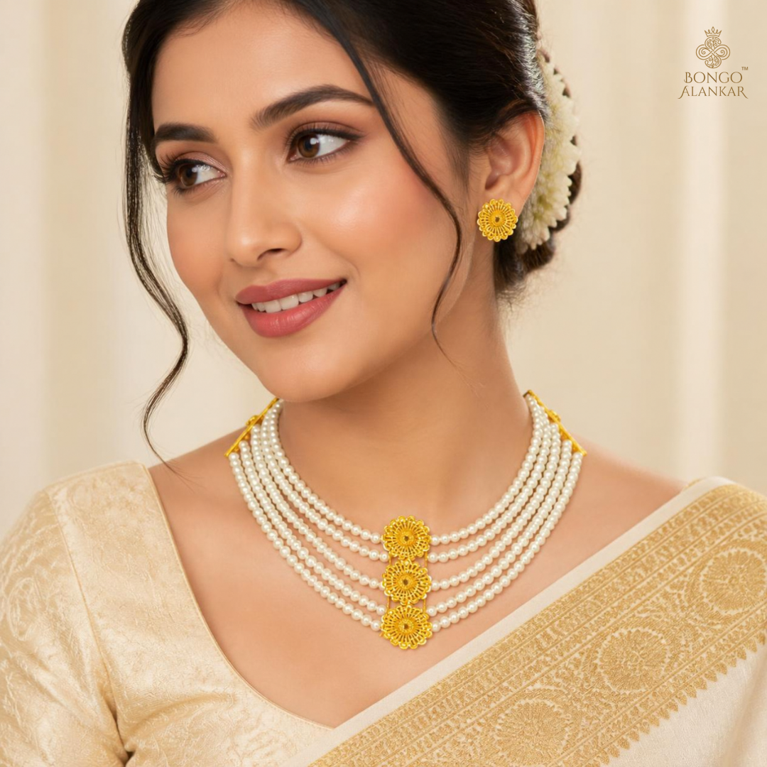 Golden Floral Layered Pearl Necklace