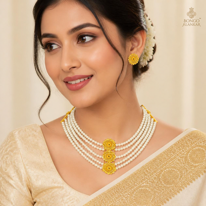 Golden Floral Layered Pearl Necklace