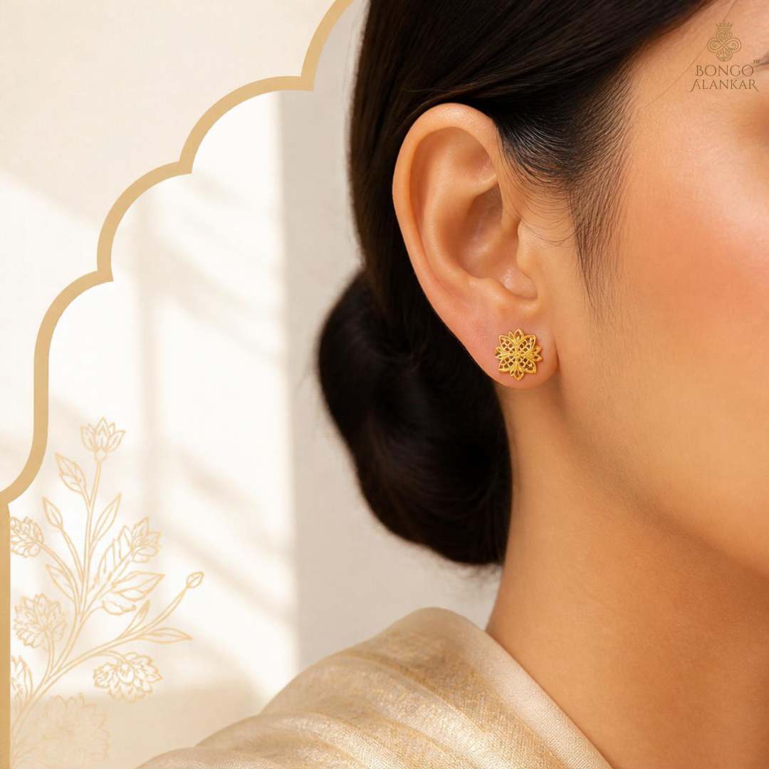 Golden Floral Filigree Stud Earrings