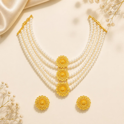 Golden Floral Layered Pearl Necklace