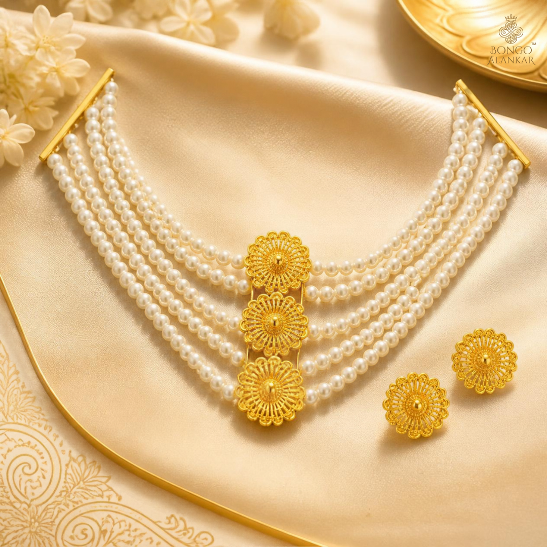 Golden Floral Layered Pearl Necklace