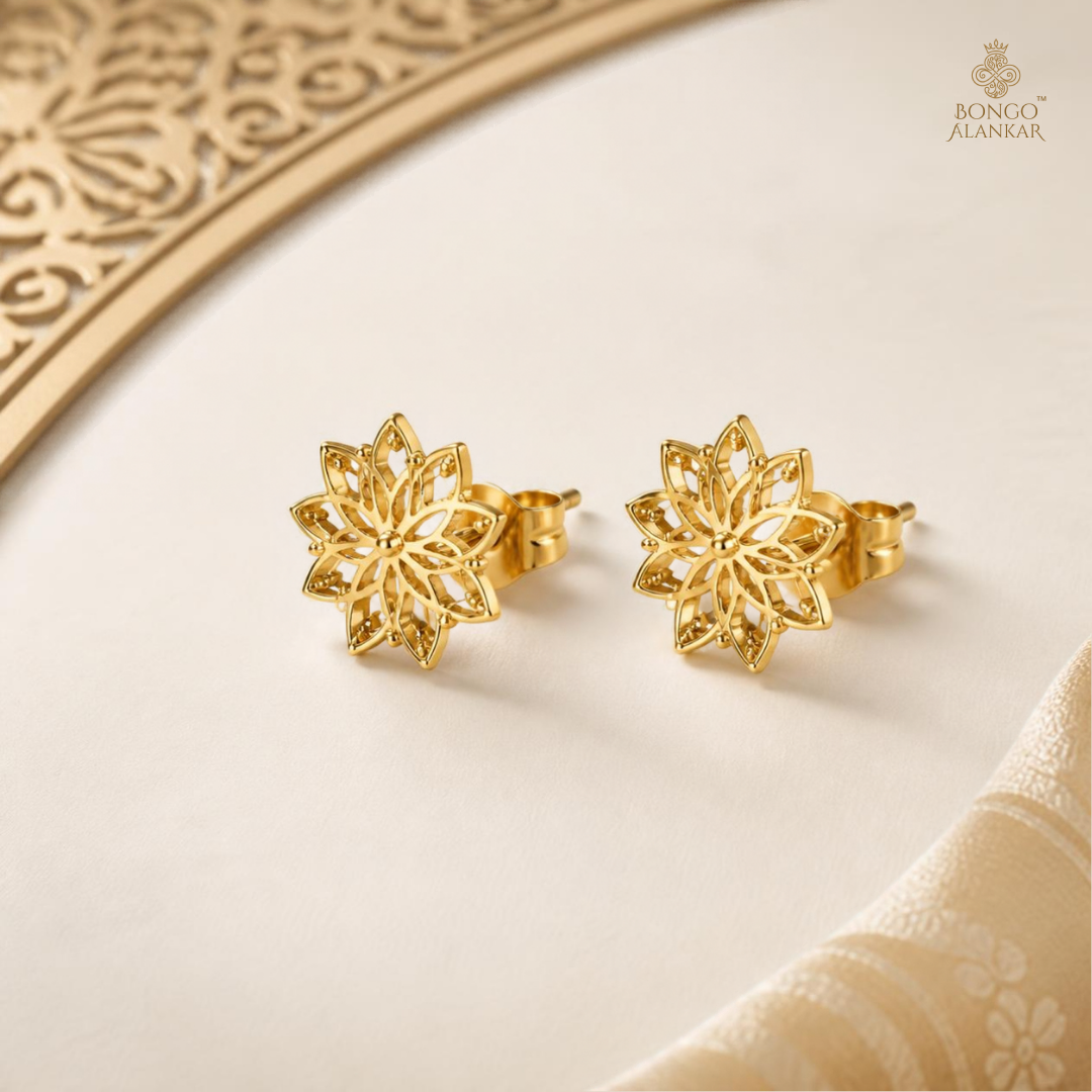 Golden Floral Filigree Stud Earrings