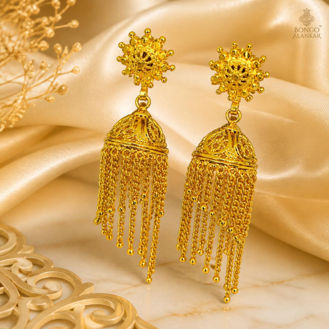 Golden Cascade Tassel Jhumkas