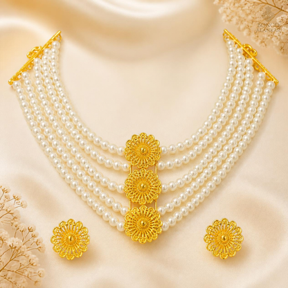 Golden Floral Layered Pearl Necklace