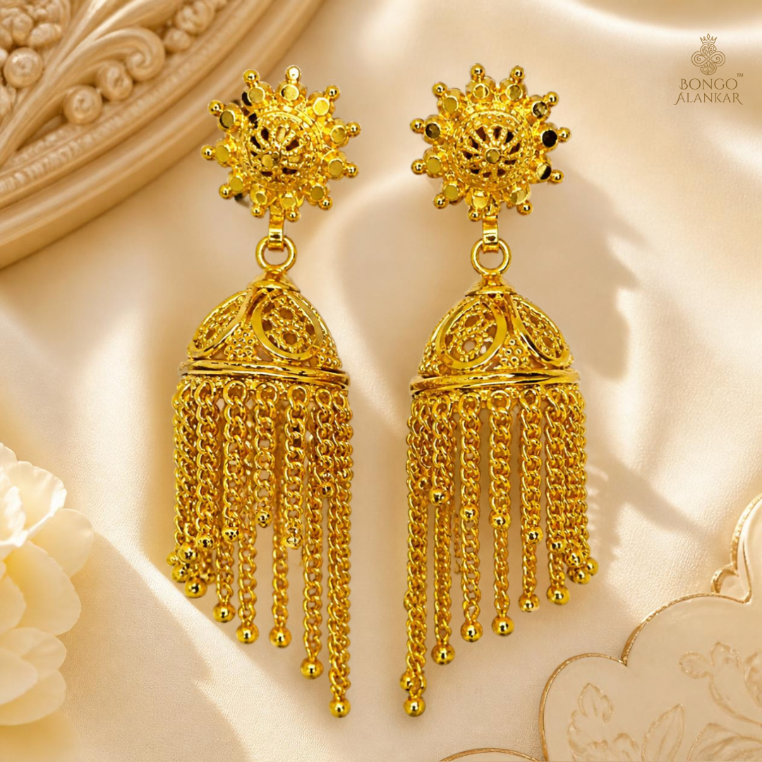Golden Cascade Tassel Jhumkas