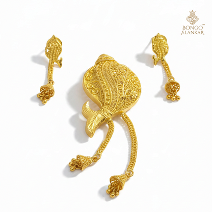 Golden Paisley Filigree Pendant Set with Jhumka Drops