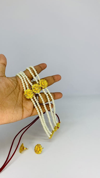 Golden Floral Layered Pearl Necklace
